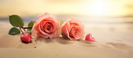 Two delicate roses placed on the sandy beach, accompanied by two heart shapes drawn in the sand
