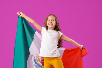 Little girl with Mexican flag on purple background