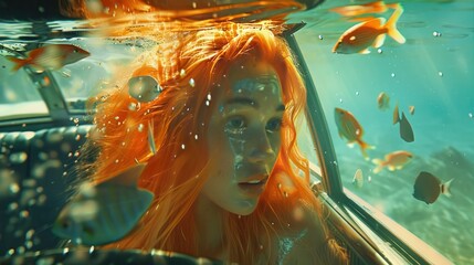 Fantastical Undersea Journey Girl with Flame-Colored Hair Amongst Swimming Fish in a Submerged Vehicle