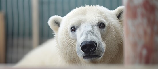 Curious polar bear with white fur and sharp claws on a snowy landscape, directly gazing at the camera