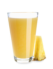 Glass of sweet pineapple juice with fruit slice on white background