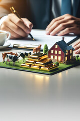 Man signs documents next to a model of an environmentally friendly agro-industrial farm, with cows and other animals, small gold ingots, spacious copy space at the bottom of the photo, Vertical.