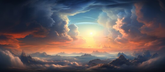 The vibrant artwork depicts a breathtaking sunset casting a warm glow over majestic mountains and fluffy clouds in the sky