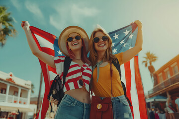 Excited happy multiracial friends different ethnicities and skin colors with American USA Flag celebrating 4 july at New York streets at summer sunny day