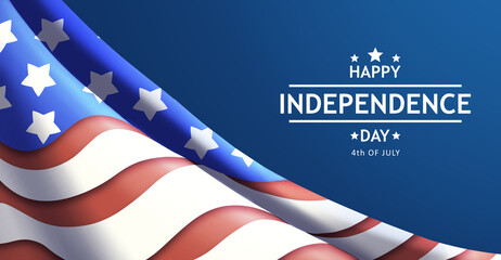 Waving american flag background to independence day of united states, banner with text celebrating fourth of july