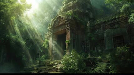 An ancient ruin on a misty mountain, with forgotten temples and overgrown paths. A mysterious fog envelops the scene, creating a sense of mystery and age. Resplendent.