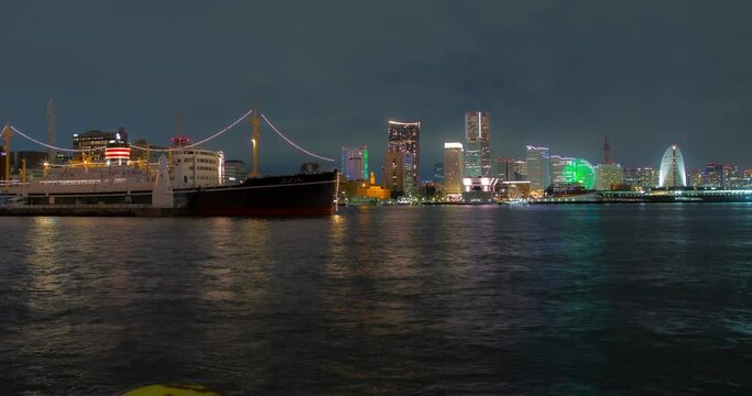 Yokohama Harbor City Lights Night Timelapse 4K Japan Skyline Pan
