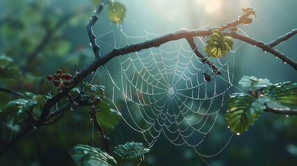 The delicate intricacy of a spider's web spun between branches beside the trail - obrazy, fototapety, plakaty