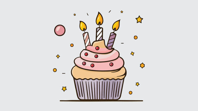 Delicious Birthday Cupcake: Vector Illustration with Candle on White Background