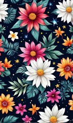 Bright colors of flowers pop out against black background, enhancing their beauty, making them focal point of image. For interior design, decoration, advertising, web design, as illustration for book.