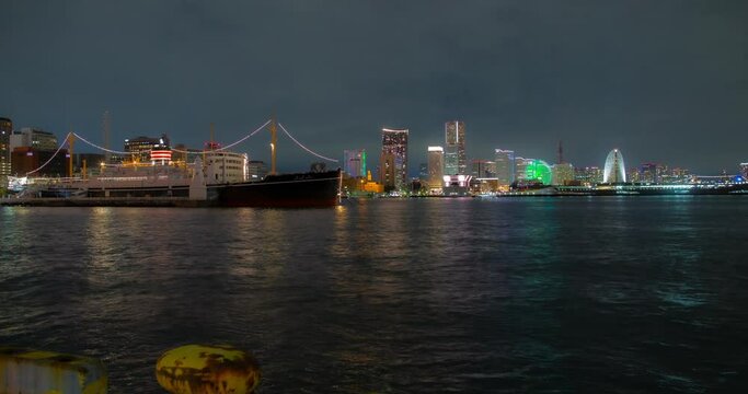 Yokohama Harbor City Lights Night Timelapse 4K Japan Skyline