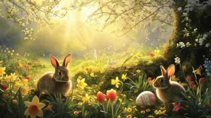 A rabbit is nestled among the flowers in a meadow surrounded by lush green grass and beautiful...