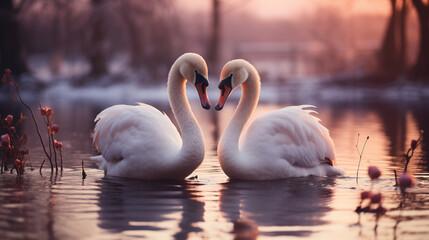 swans on the lake - obrazy, fototapety, plakaty