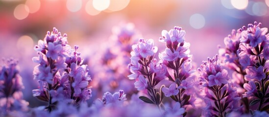 Fototapeta premium An enchanting scene of delicate purple flowers under the warm sunlight, with dreamy bokeh lights in the background creating a magical atmosphere