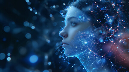 Graphic illustration of artificial intelligence. Futuristic portrait of a woman's face with a neural network or virtual data network superimposed or in double exposure. Concept of artificial intellige - obrazy, fototapety, plakaty