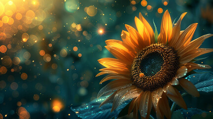 magical sunflower in a sunset, beautiful light, transformation and freedom, teal and golds