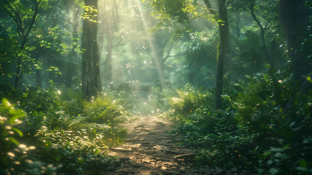 Fondo bosque tropical, con luz del sol entre los arboles. Generado con tecnolog&iacute;a IA