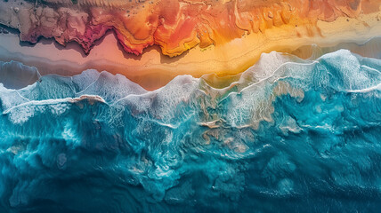 Paisaje vista desde arriba, fotografía aérea, composición abstracta de costa, mar y arena. Generado con tecnología IA - obrazy, fototapety, plakaty