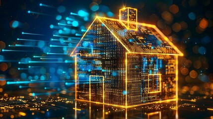 Obraz premium digital house with glowing data stream , ai in smart home technology, automation and remote control of household appliances, security systems, energy management for enhanced comfort. 