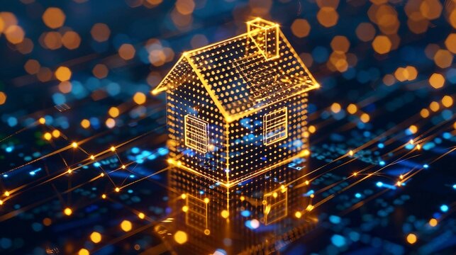 digital house with glowing data stream , ai in smart home technology, automation and remote control of household appliances, security systems, energy management for enhanced comfort.
