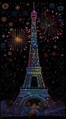 illustration of eiffel tower with fireworks at night. Paris 2024 Olympic Games concept in high resolution and high quality. Aspect ratio 9:16. sports.games