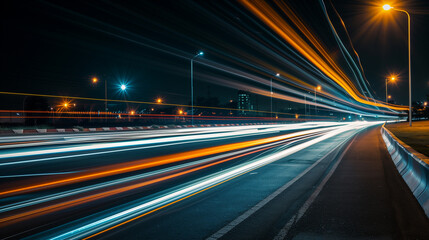 Fototapeta na wymiar Long Exposure Car Lights in Motion on City Road - Urban Night Drive street illustration.