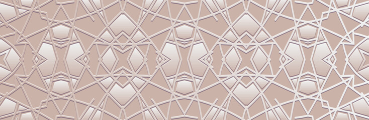 Banner. Relief geometric luxury 3D pattern on a light background of lines and shapes. Ornamental cover design, art deco style. Ethnicity of the East, Asia, India, Mexico, Aztec, Peru.