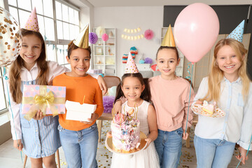 Cute little children with Birthday cake and gifts at party - obrazy, fototapety, plakaty