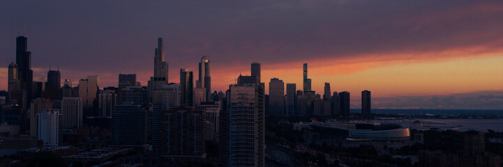 Sunrise behind the skyline of downtown Chicago 