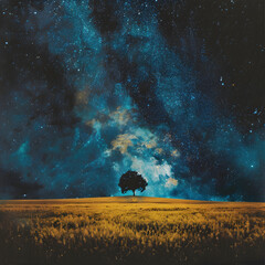 Lone Tree Under Azure Sky: A Celestial Dance Amid Stark Landscape on Vintage Vinyl Cover