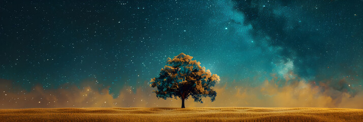 Fototapeta premium Lone Tree Under Azure Sky: A Celestial Dance Amid Stark Landscape on Vintage Vinyl Cover