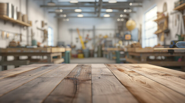 Rustic wooden table in a carpentry workshop with blurred background