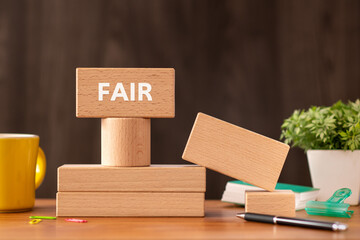 There is wood block with the word FAIR. It is as an eye-catching image.