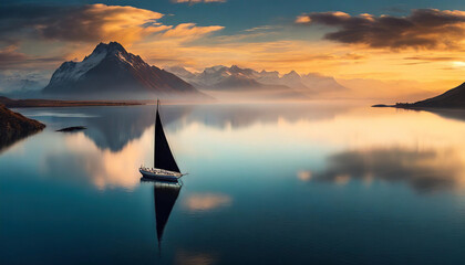 Serene dark silhouette sailboat on calm water, symbolizing peace and freedom - obrazy, fototapety, plakaty