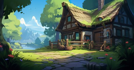 the house is an example of an animated animation, in the style of american scene painting, fairy academia, detailed character design, cottagepunk, detailed skies, cranberrycore, 2d game art - obrazy, fototapety, plakaty
