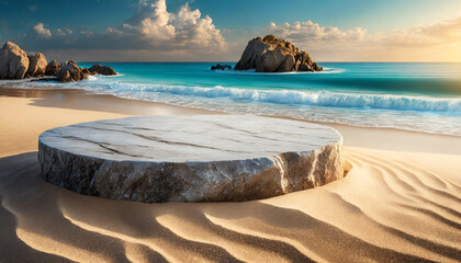 Empty stone podium on sandy beach with sea in background, perfect for product placement - obrazy, fototapety, plakaty