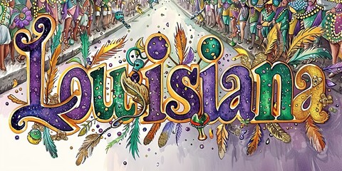 Festive Louisiana Typography with Mardi Gras Parade Background, Celebrating the Colorful Carnival Atmosphere
