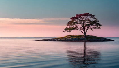 Fototapeta na wymiar Tranquil lone tree on island with pink-toned water