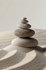 A stack of rocks sits atop a sandy ground, creating a minimalist and abstract composition, calm and tranquility, evoking a serene Zen atmosphere