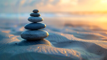 A stack of rocks sits atop a sandy beach, smooth stones and the grainy texture of the sand