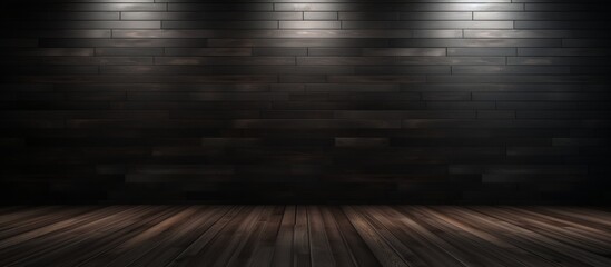 Dim lighting fills the room with a wooden floor and brick wall, creating a cozy and rustic atmosphere - obrazy, fototapety, plakaty