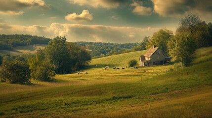 A serene landscape showcasing a rustic farmhouse with a red roof, surrounded by green pastures and grazing cattle under a dramatic stormy sky. Resplendent. - obrazy, fototapety, plakaty