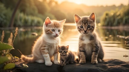  A heartwarming scene capturing a kitten and a puppy sitting side by side near the edge of a tranquil pond. The soft glow of sunrise reflects beautifully on the water, mirroring the adorable pair and 