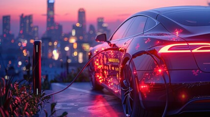 The futuristic lines of an electric vehicle's charging port, d against the backdrop of a city skyline at dusk. - obrazy, fototapety, plakaty