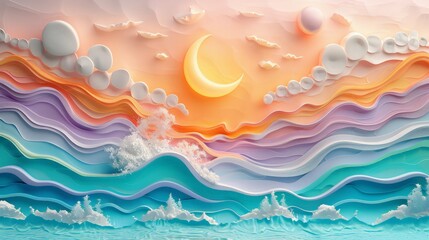 Abstract shapes and colors blend to form a surreal 3D clay beach and sea