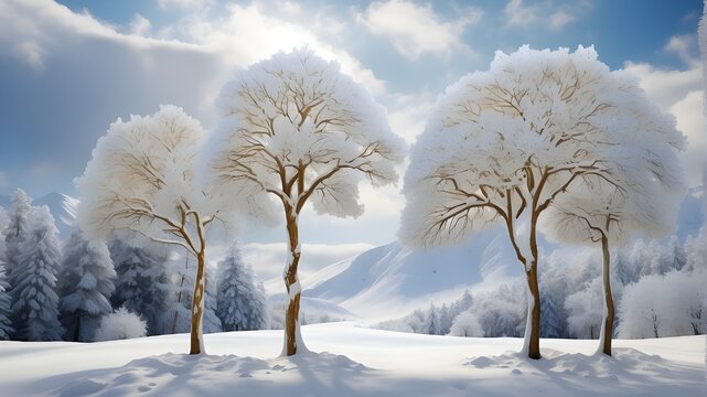  Snow-capped trees captured up close, each branch adorned with delicate snowflakes. The winter scene exudes tranquility, with the trees standing against a backdrop of serene snowy landscape.