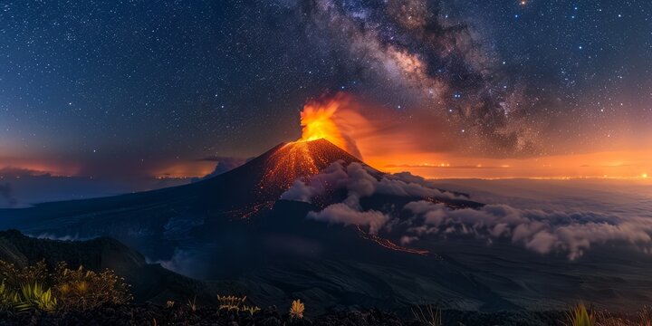 The earth's wrath: A dramatic view of a volcano erupting, spewing lava under a starlit sky