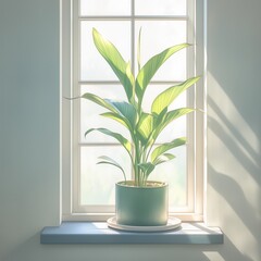 Potted plant windowsill sunlight window sill shadows green minimalism illustration