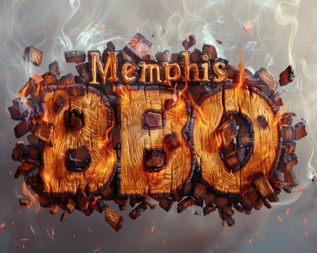 Scorched Memphis BBQ Typography in Fiery Lettering, Smoke and Ember Effects Illustrating Heat and Taste of Southern Cooking