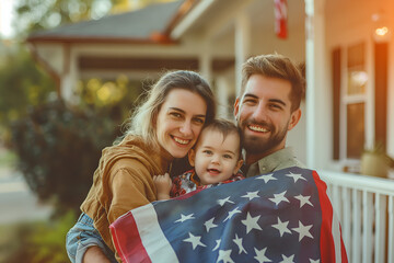 Happy loving family with smiling baby holding American USA Flag draped over shoulders in front the porch of typical American house at sunny day. Family celebrates 4 July Independence Day
